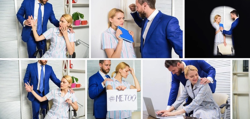 Strecke von Symbolfotos, auf denen ein Mann eine Frau im Büro belästigt.