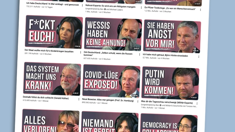 Video-Übersicht des Podcasts „{ungeskriptet} by Ben“ auf Youtube mit verschiedenen Thumbnails, unter anderem: „Björn Höcke: Sie haben Angst vor mir!“ oder „Stefan Homburg: Covid-Lüge exposed“.