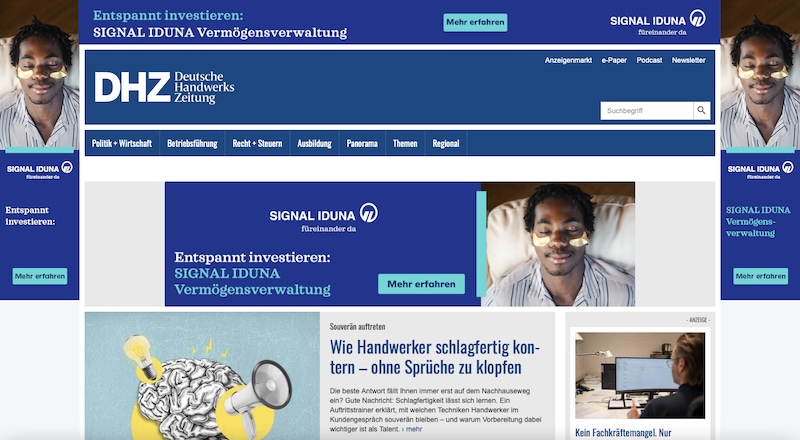 Screenshot der Webseite der „Deutschen Handwerks-Zeitung“ (DHZ) mit sehr viel Bannerwerbung der Signal Iduna Vermögensverwaltung.