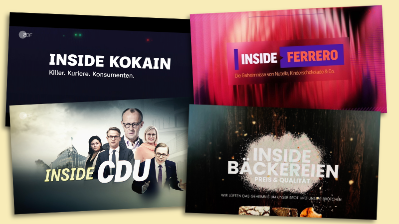 Verschiedene Titelgrafiken von TV-Dokus: „Indie Kokain“, „Inside Ferrero“, „Inside CDU“ und „Inside Bäckereien“.