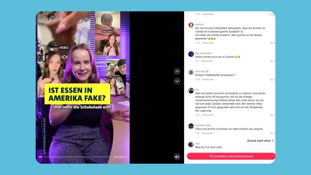 Ein Screenshot eines „Fakecheck“-Videos über „Fake-Schokolade“