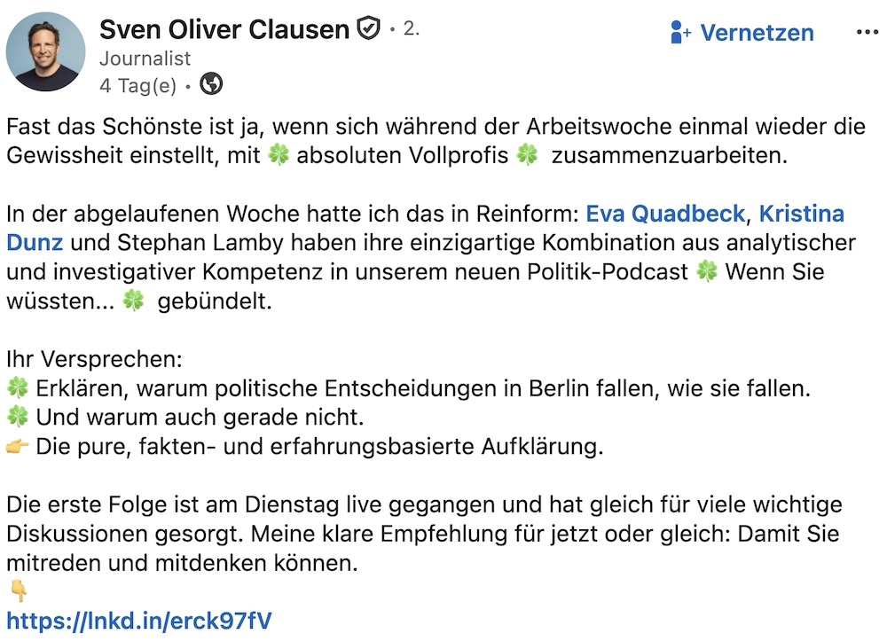 Linkedin-Post von Sven Oliver Clausen