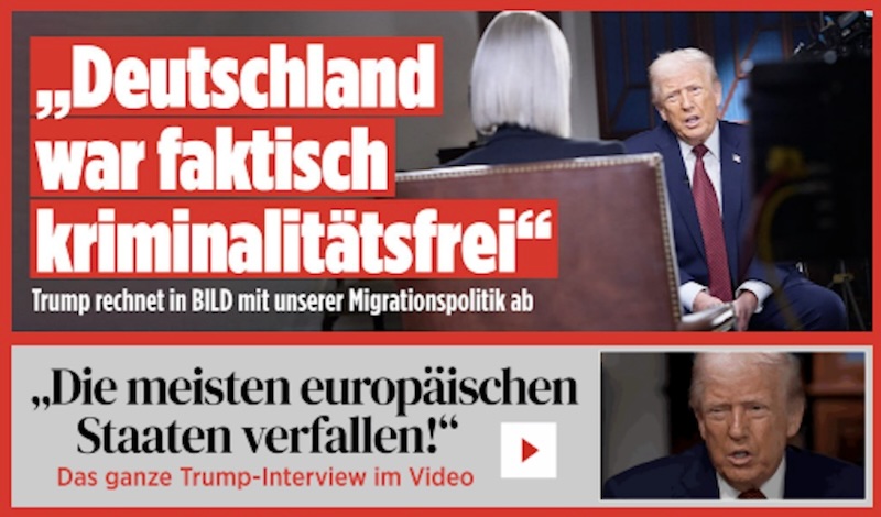 Auszug der „Bild“-Startseite vom 9.12.2025 mit den Überschriften: „,Deutschland war faktisch kriminalitätsfrei‘ – Trump rechnet in BILD mit unserer Migrationspolitik ab“ und „,Die meisten europäischen Staaten verfallen!‘ Das ganze Trump-Interview im Video“.