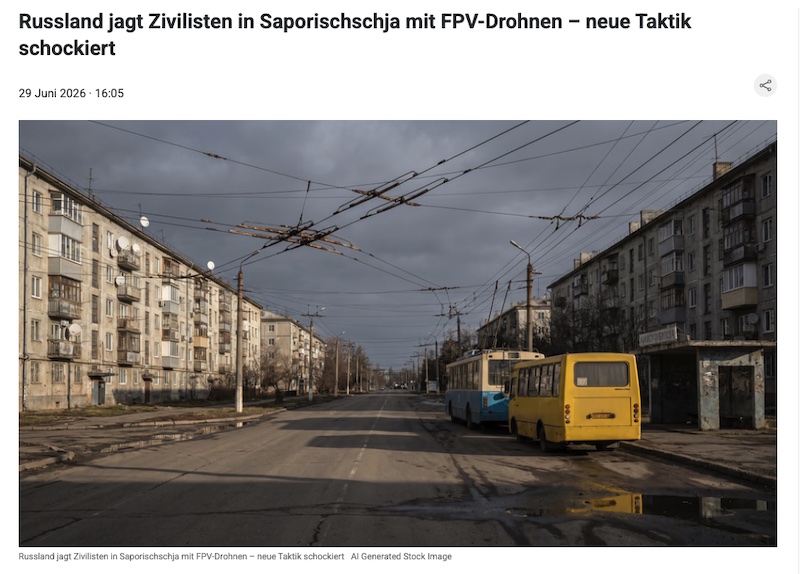 Screenshot einer Upday-Meldung mit der Überschrift: "Russland jagt Zivilisten in Saporischschja mit FPV-Drohnen - neue Taktik schockiert"