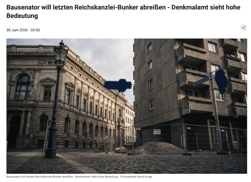 Screenshot einer Upday-Meldung mit der Überschrift: "Bausenator will letzten Reichskanzlei-Bunker abreißen - Denkmalamt sieht hohe Bedeutung"