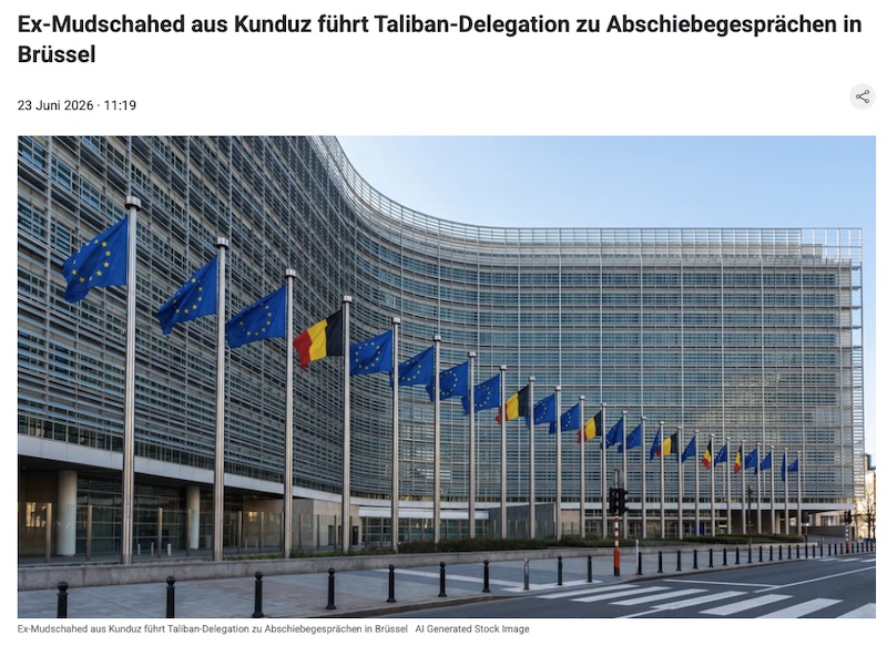 Screenshot einer Upday-Meldung mit der Überschrift: "Ex-Mudschahed aus Kunduz führt Taliban-Delegation zu Abschiebegesprächen in Brüssel"