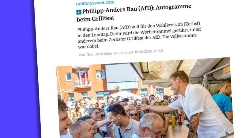 Volksstimme-Artikel: „Philipp-Anders Rau (AfD): Autogramme beim Grillfest“ vom 18. August 2026