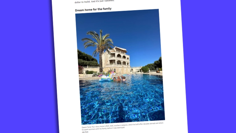 NPR-Bericht: Foto von vierstöckiger Villa mit Pool und Palme, Familie im Wasser, Überschrift: „Dream home for the family“