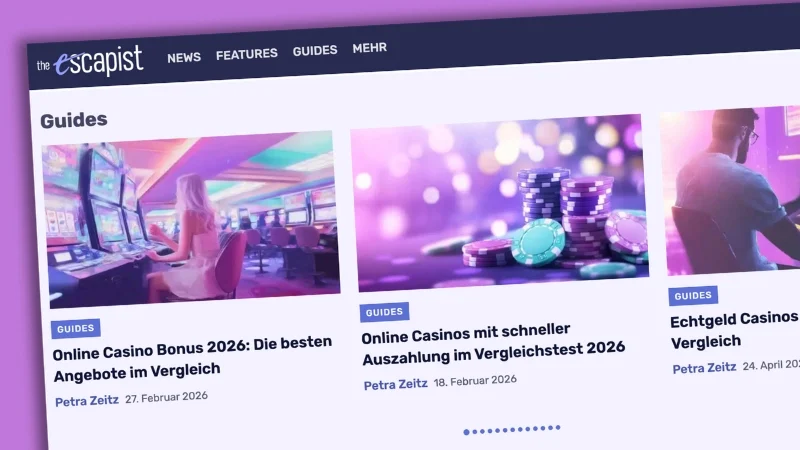 Der Screenshot der Webseite „The Escapist“ zeigt Artikel, die Online-Casinos bewerben.