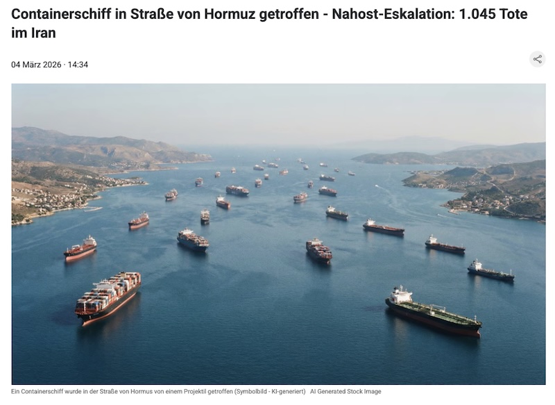 KI-generiertes Bild, das die Straße von Hormus zeigen soll.