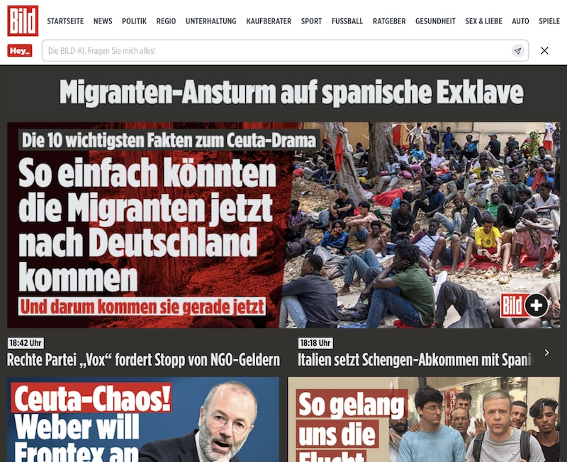 Screenshot der Startseite von Bild.de. Oben steht: „Migranten-Ansturm auf spanische Exklave“, darunter: „Die 10 wichtigsten Fakten zum Ceuta-Drama: So einfach könnten die Migranten jetzt nach Deutschland kommen. Und darum kommen sie gerade jetzt“.
