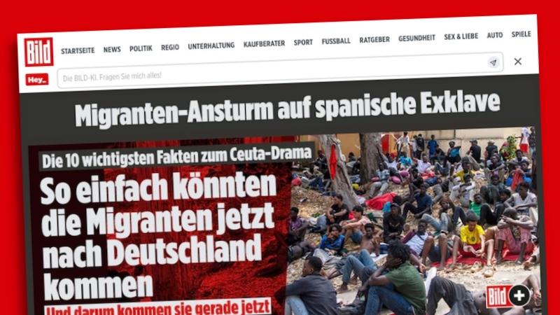 Screenshot der Startseite von Bild.de. Oben steht: „Migranten-Ansturm auf spanische Exklave“, darunter: „Die 10 wichtigsten Fakten zum Ceuta-Drama: So einfach könnten die Migranten jetzt nach Deutschland kommen. Und darum kommen sie gerade jetzt“.