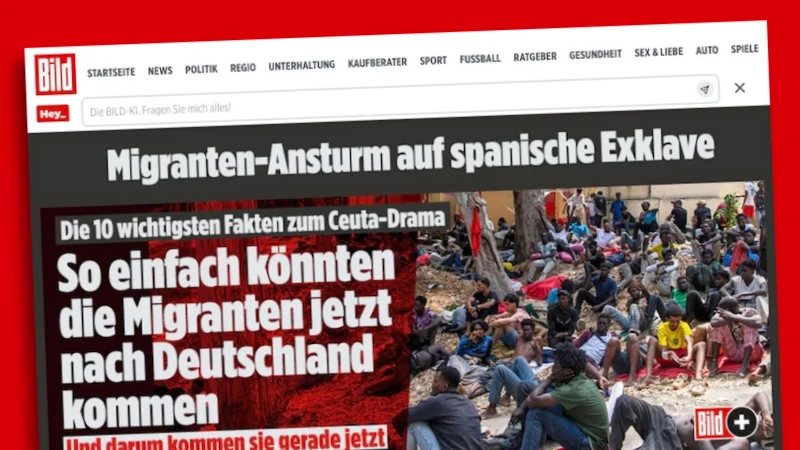 Screenshot der Startseite von Bild.de. Oben steht: „Migranten-Ansturm auf spanische Exklave“, darunter: „Die 10 wichtigsten Fakten zum Ceuta-Drama: So einfach könnten die Migranten jetzt nach Deutschland kommen. Und darum kommen sie gerade jetzt“.