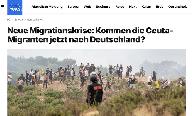 Screenshot von de.euronews.com mit der Überschrift „Neue Migrationskrise: Kommen die Ceuta-Migranten jetzt nach Deutschland?“ und einem Foto von Migranten in der spanischen Exklave Ceuta.