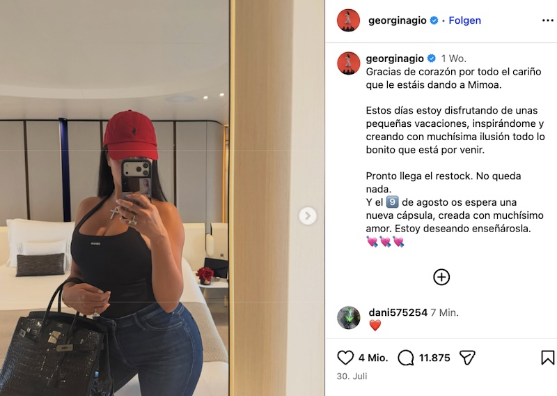 Instagram-Post von Georgina Rodríguez, in dem diese auf Spanisch eine neue Mode-Kollektion ankündigt.