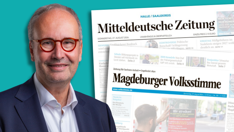 Porträt von Marc Rath neben aktuellen Titelseiten der „Mitteldeutschen Zeitung“ und „Magdeburger Volksstimme'“