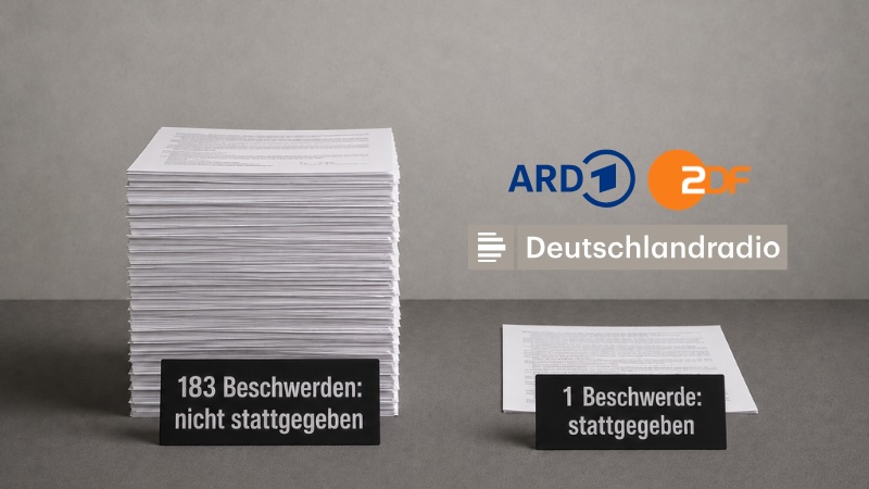 Links ein Stapel Blätter mit dem Schild: „184 Beschwerden: nicht stattgegeben“, rechts daneben zwei Blätter mit dem Schild „1 Beschwerde: stattgegeben“. Dazu die Logos von ARD, ZDF und Deutschlandradio.