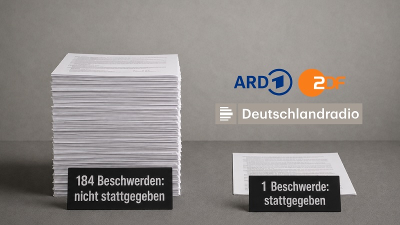 Links ein Stapel Blätter mit dem Schild: „184 Beschwerden: nicht stattgegeben“, rechts daneben zwei Blätter mit dem Schild „1 Beschwerde: stattgegeben“. Dazu die Logos von ARD, ZDF und Deutschlandradio.