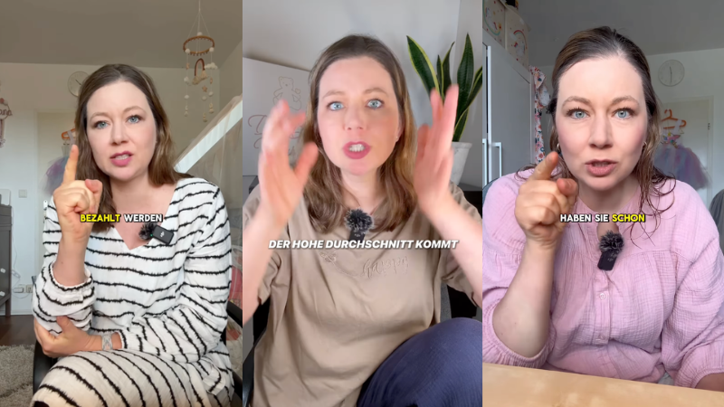 Drei Screenshots aus Insta-Reels von Bea Merscher, in denen sie in die Kamera schaut und mit den Händen gestikuliert.