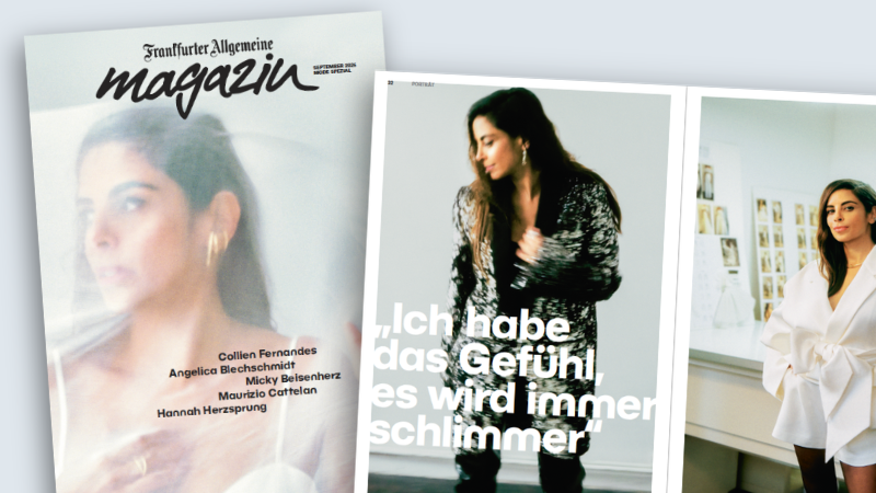 Titelseite des „FAZ Magazins“, Ausgabe September 2026, mit einem Foto von Collien Fernandes. Daneben: Doppelseite aus dem Innenteil mit Fotos von Fernandes und der Überschrift „Ich habe das Gefühl, es wird immer schlimmer“.