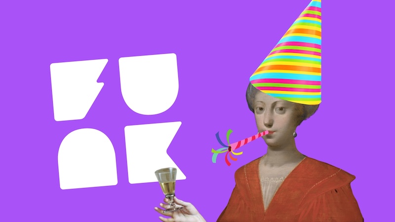 Barockes Gemälde einer Prinzessin mit Partyhut und Tröte neben Funk-Logo
