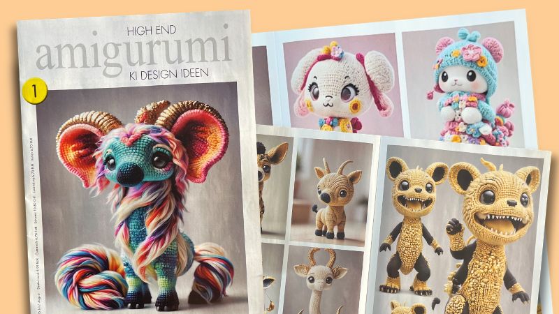 Titel und Innenseiten der Zeitschrift „HIGH END amigurumi – KI DESIGN IDEEN“ mit verschiedenen gehäkelten Figuren.