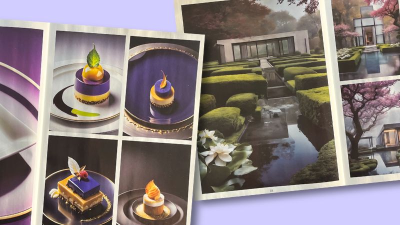 Ausrisse aus den Zeitschriften „High End Dessert Design“ und „Mini House & Garden“ mit KI-generierten Bildern von Desserts und Häusern.