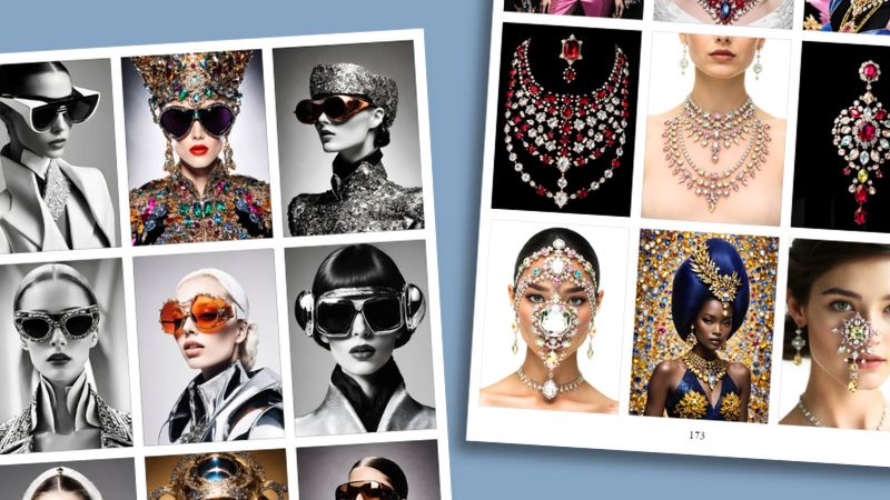 Ausrisse aus den digitalen Magazinen „High End Coture Eye Wear“ und „Jewel Ideas“ mit KI-generierten Bildern von Brillen und Schmuck.