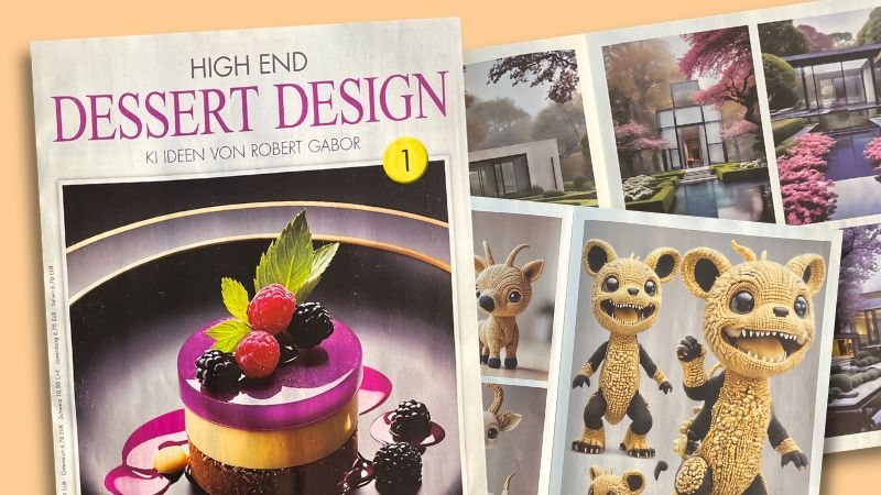Ausrisse verschiedener Magazine von Robert Gabor mit KI-generierten Desserts, Häusern und Amigurumi-Figuren.
