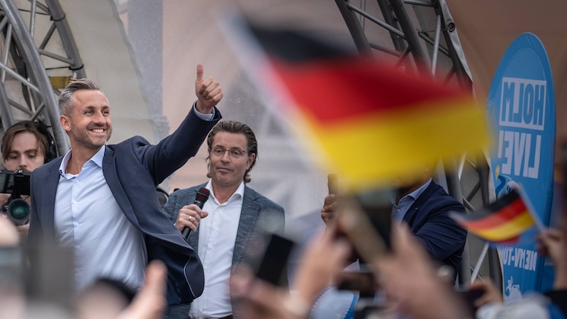 Ulrich Siegmund, AfD-Spitzenkandidat und Wahlsieger in Sachsen-Anhalt, auf einer Wahlkampfveranstaltung in Schwerin.