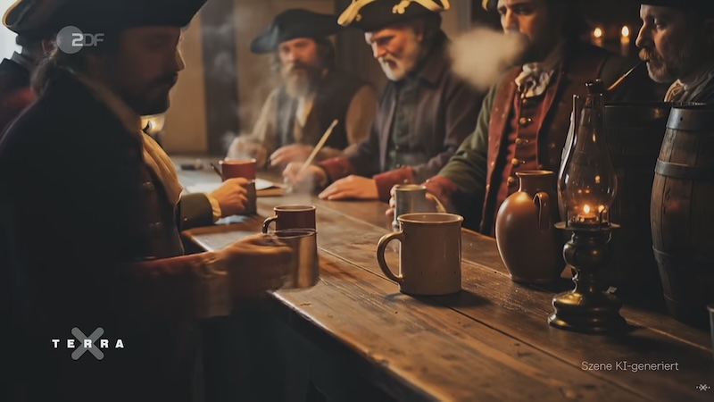 KI-generiertes Bild einer Szene in einer Kneipe in Boston im Jahr 1773, in der Männer mit Dreispitz an einem Holztisch den Aufstand planen.