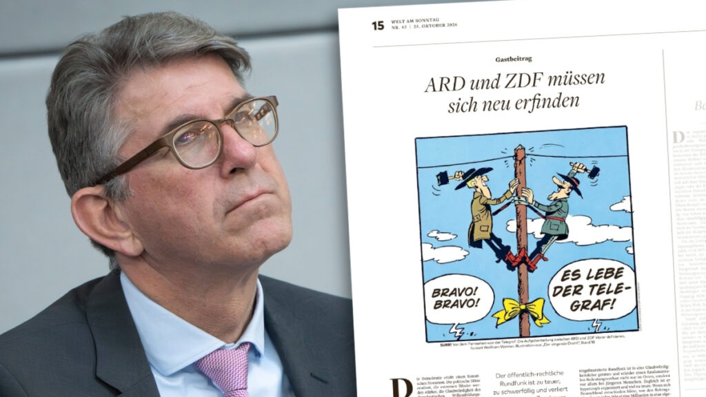 Porträt von Wolfram Weimer neben einem Zeitungsausriss von seinem Gastbeitrag in der „Welt am Sonntag“: „ARD und ZDF müssen sich neu erfinden“