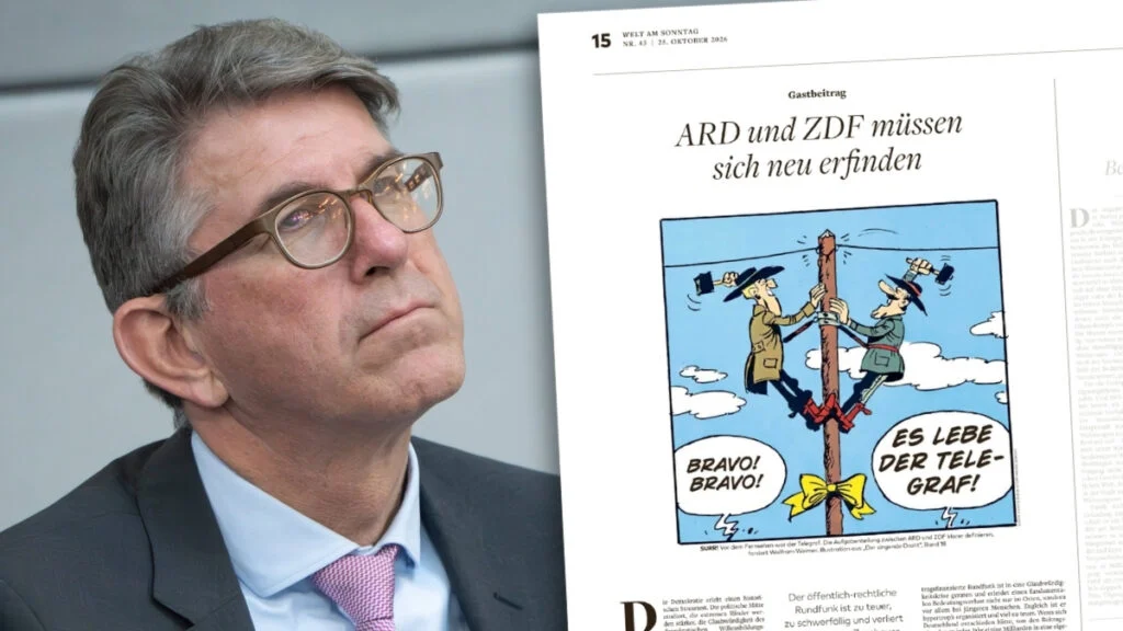 Porträt von Wolfram Weimer neben einem Zeitungsausriss von seinem Gastbeitrag in der „Welt am Sonntag“: „ARD und ZDF müssen sich neu erfinden“