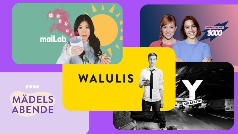 Screenshots ehemaliger Funk-Formate: MaiLab, Deutschland3000, Walulis, Mädelsabende, Y-Kollektiv