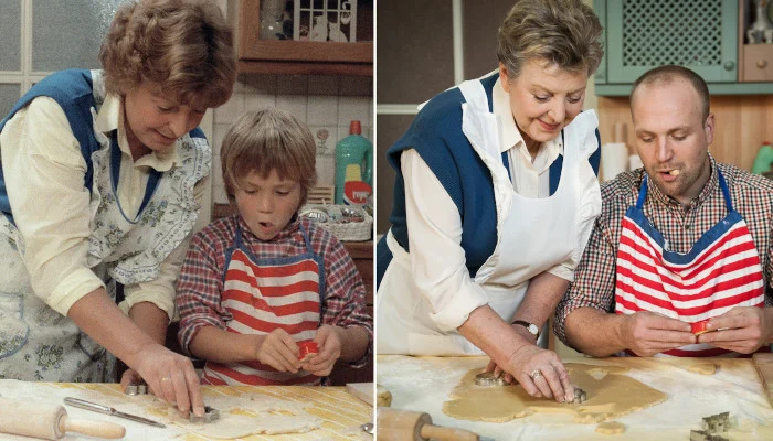 Klaus und Helga Beimer beim Plätzchenbacken in der Lindenstraße 1985 und 2012