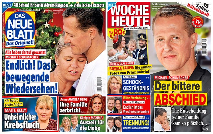 Links "Das neue Blatt": "Alle haben darauf gewartet - Michael Schumacher - Endlich! Das bewegende Wiedersehen!" | Rechts "Woche Heute": "Michael Schumacher - Der bittere ABSCHIED - Die Entscheidung seiner Familie kam so plötzlich..."