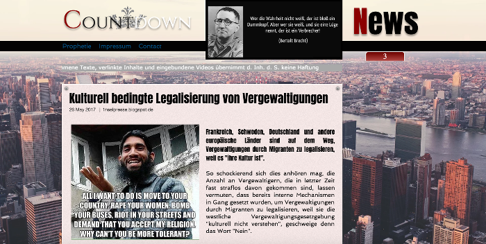 Beitrag der Seite "Countdown News", Überschrift: "Kulturell bedingte Legalisierung von Vergewaltigungen"