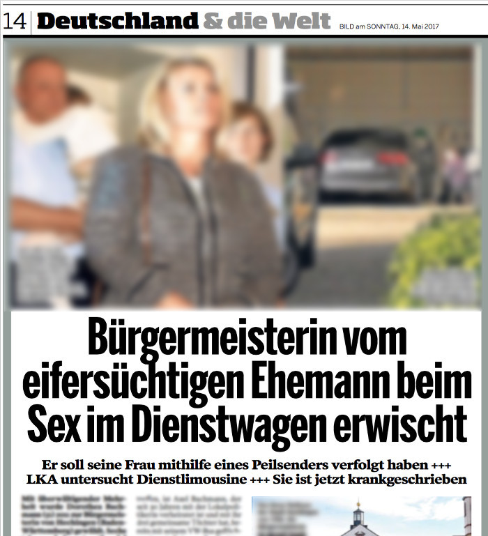 "Bild am Sonntag" über die Hechinger Bürgermeisterin, Schlagzeile: "Bürgermeisterin vom eifersüchtigen Ehemann beim Sex im Dienstwagen erwischt"