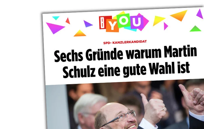 Bunter BYou-Titelkopf, darunter ein Foto vom grinsenden Martin Schulz und die Überschrift: "Sechs Gründe warum Martin Schulz eine gute Wahl ist"