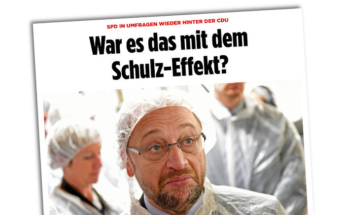 Martin Schulz mit Schutzhaube in einer Fischfabrik. "Bild" titelt: "War es das mit dem Schulz-Effekt?"