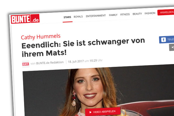 Screenshot von Bunte.de mit einem Foto von Cathy Hummels unter der Überschrift: "Eeendlich: Sie ist schwanger von ihrem Mats!"