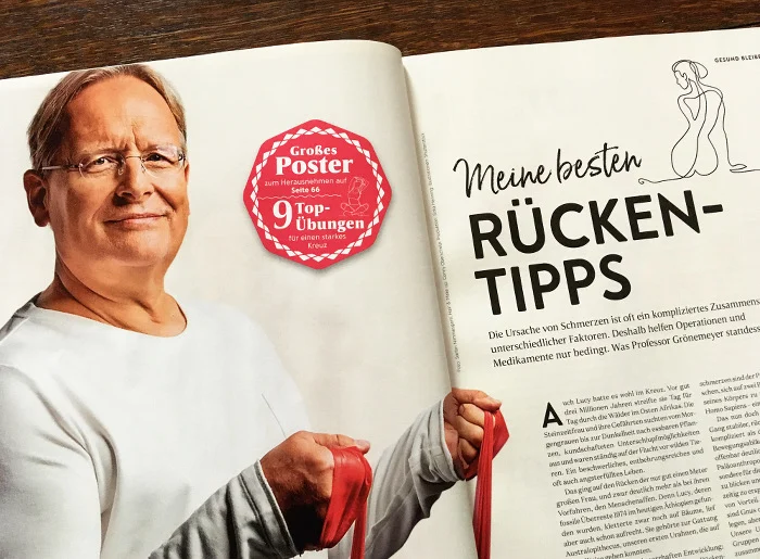 Dietrich Grönemeyer mit Gummiband, Überschrift: "Meine besten Rücken-Tipps"