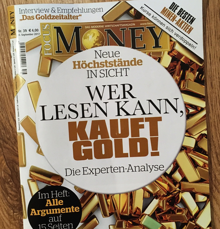 Titelseite mit vielen Goldbarren und der Schlagzeile: "Wer lesen kann, kauft Gold".