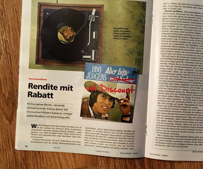 Seite aus der Zeitschrift mit einem abgebildeten Plattenspieler und dem Cover von Udo Jürgens' Platte "Aber bitte mit Sahne". Sahne wurde durchgestrichen und durch "Discount" ersetzt. Überschrift daneben: Rendite mit Rabatt"