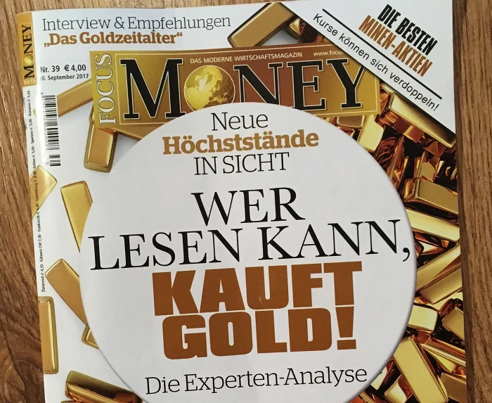 Titelseite mit vielen Goldbarren und der Schlagzeile: "Wer lesen kann, kauft Gold".