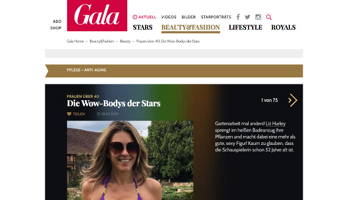 Screenshot einer Seite auf "Gala.de" mit einem Foto von Liz Hurley im lilafarbenen Bikini unter der Überschrift: "Frauen über 40: Die Wow-Bodys der Stars"