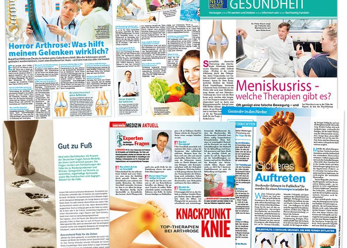 Collage aus mehreren Dutzend Zeitschriftenartikeln zum Thema Rücken, Muskeln, Gelenke & Co., in denen ein Arzt der Gelenk-Klinik Gundelfingen zu Wort kommt