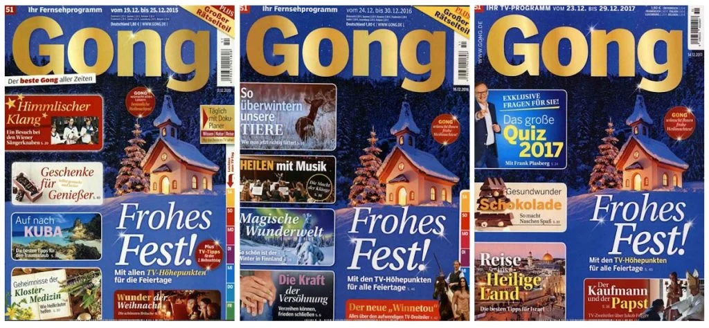 Drei fast identische Titelseiten mit derselben schneebedeckten Kapelle.