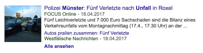 Treffer in Google News zu der Suche "Unfall Münster" – "Focus Online" steht ganz oben bei den Treffern