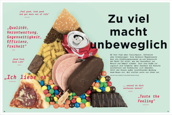 Doppelseite aus dem "Greenpeace-Magazin". Zu sehen ist ein Dreieck aus verschiedenen (eher ungesunden) Lebensmitteln wie Cola, Schokolade, Wurst, Überschrift: Zu viel macht unbeweglich"